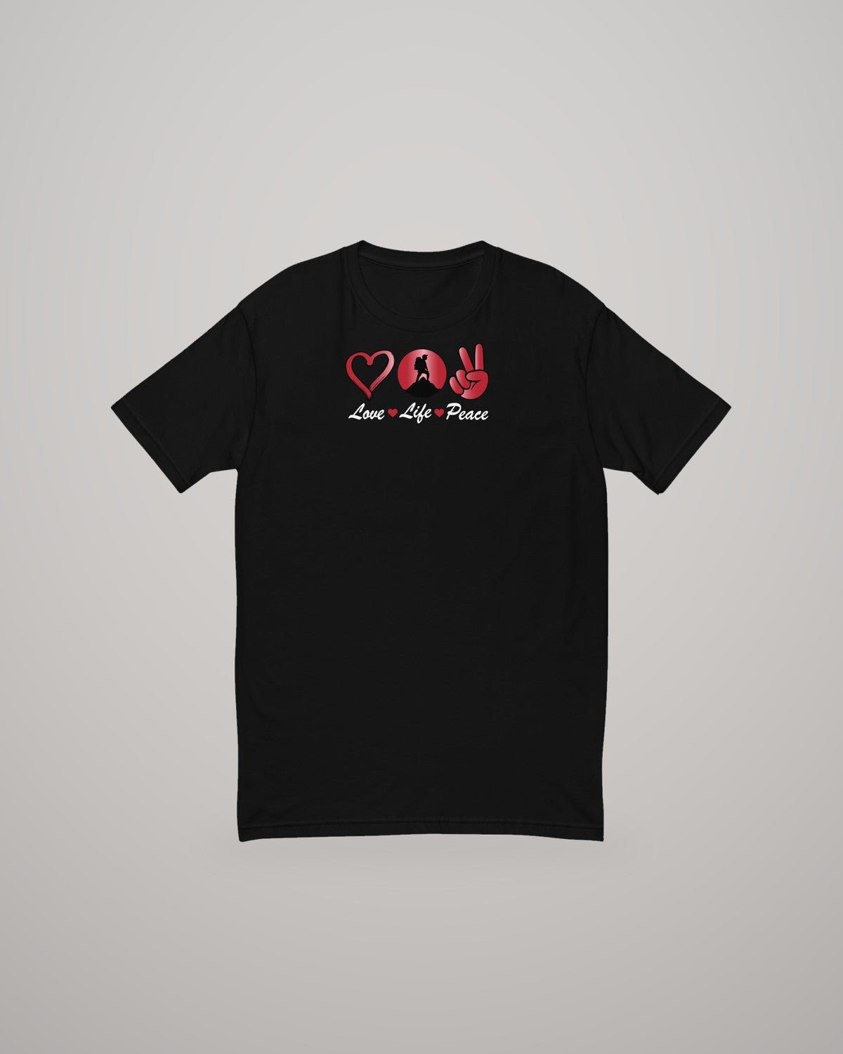 Love Peace Mountain T-shirt, red print on black, front view