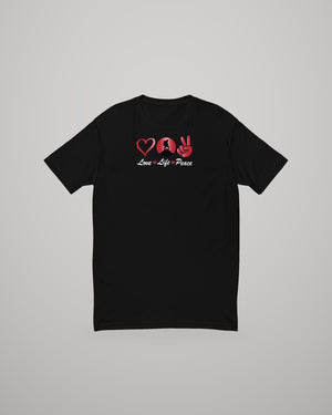 Love Peace Mountain T-shirt, red print on black, front view