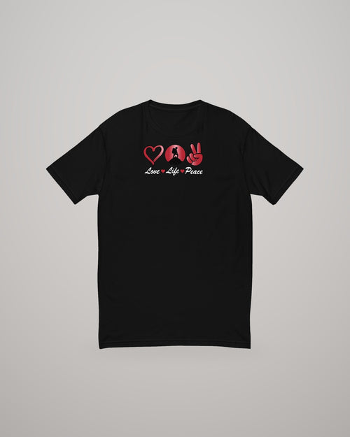 Love Peace Mountain T-shirt, red print on black, front view