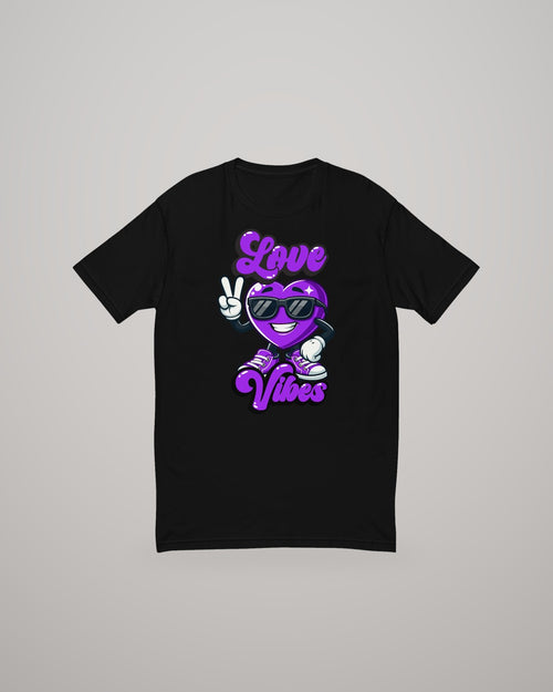 Love Vibes T-shirt, purple print on black, front view