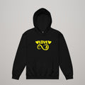 Infinite Love youth hoodie, yellow print on black, front view