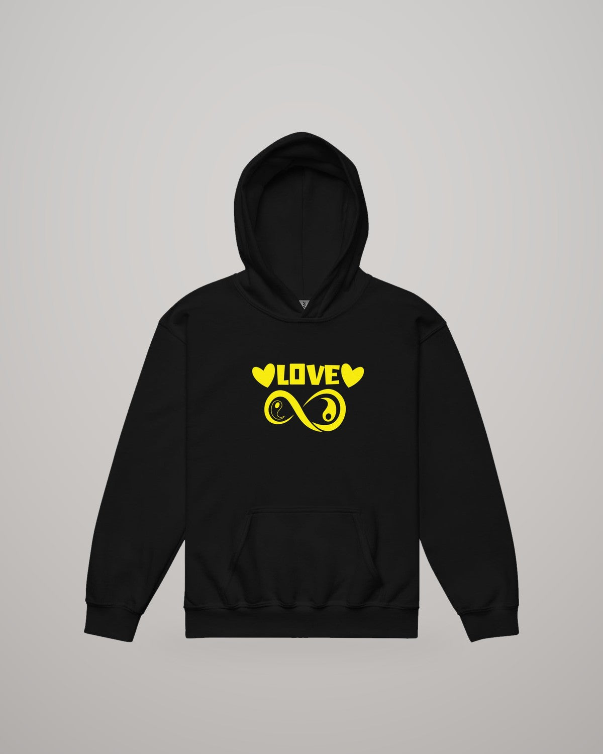 Infinite Love youth hoodie, yellow print on black, front view