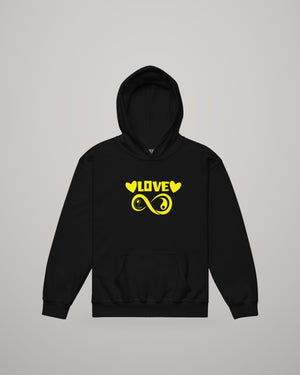 Infinite Love youth hoodie, yellow print on black, front view