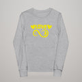 Infinite Love youth long sleeve tee, yellow print on grey heather, front view