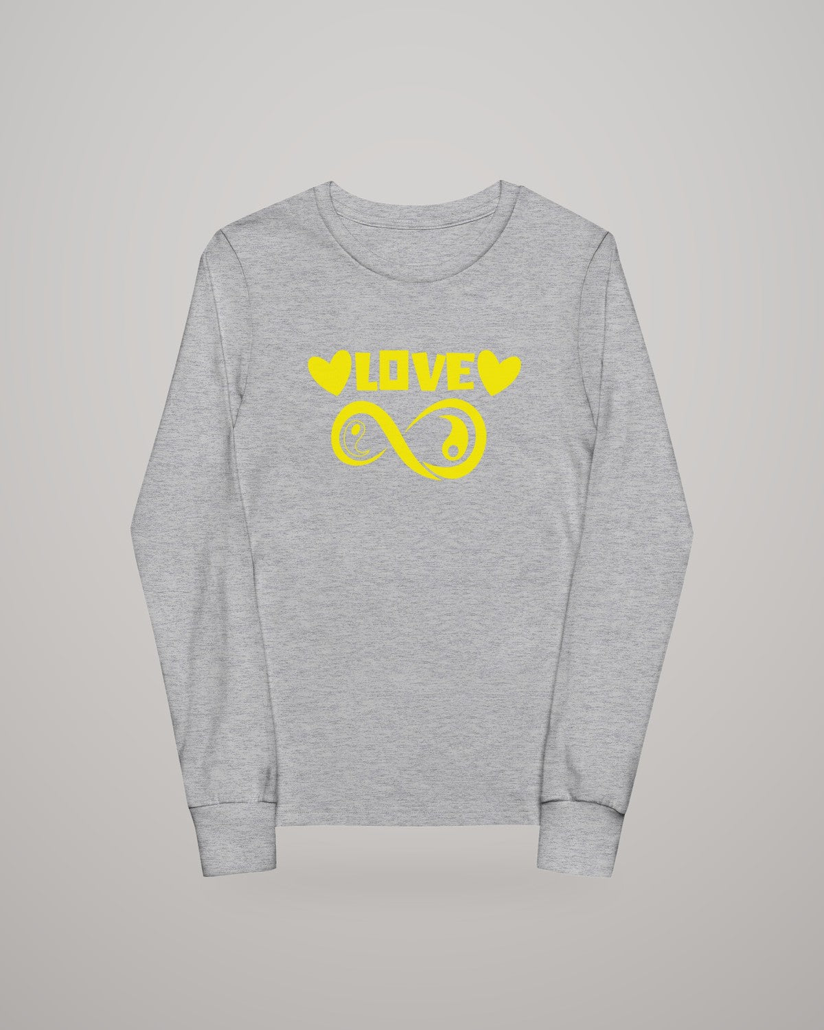 Infinite Love youth long sleeve tee, yellow print on grey heather, front view
