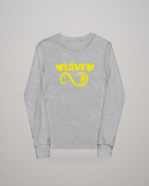 Infinite Love youth long sleeve tee, yellow print on grey heather, front view