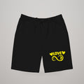 Infinite Love men's fleece shorts in black, yellow print on the leg, front view
