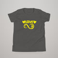 Infinite Love youth T-shirt, yellow print on dark grey, front view
