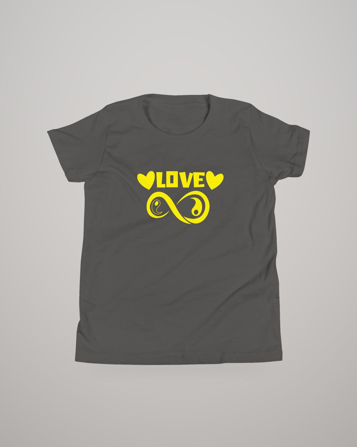 Infinite Love youth T-shirt, yellow print on dark grey, front view