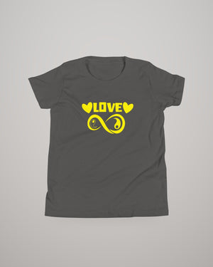 Infinite Love youth T-shirt, yellow print on dark grey, front view