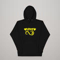 Infinite Love hoodie, yellow print on black, front view