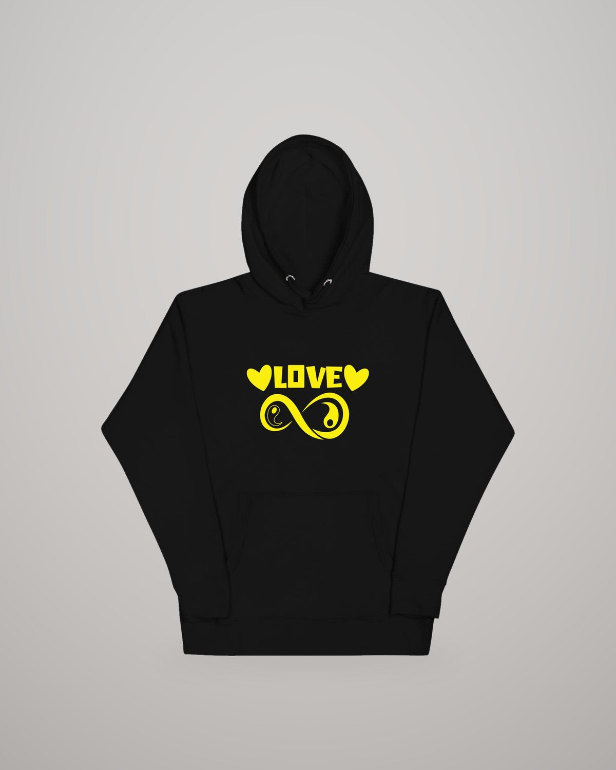 Infinite Love hoodie, yellow print on black, front view