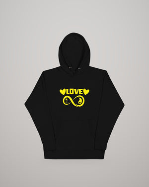 Infinite Love hoodie, yellow print on black, front view