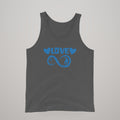 Infinite Love men's tank top, blue print on dark grey, front view