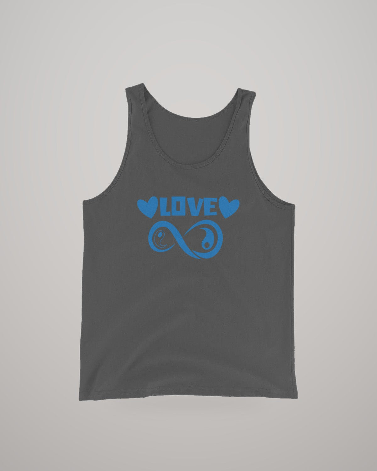 Infinite Love men's tank top, blue print on dark grey, front view
