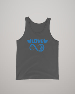 Infinite Love men's tank top, blue print on dark grey, front view
