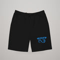 Infinite Love men's fleece shorts in black, blue print on the leg, front view