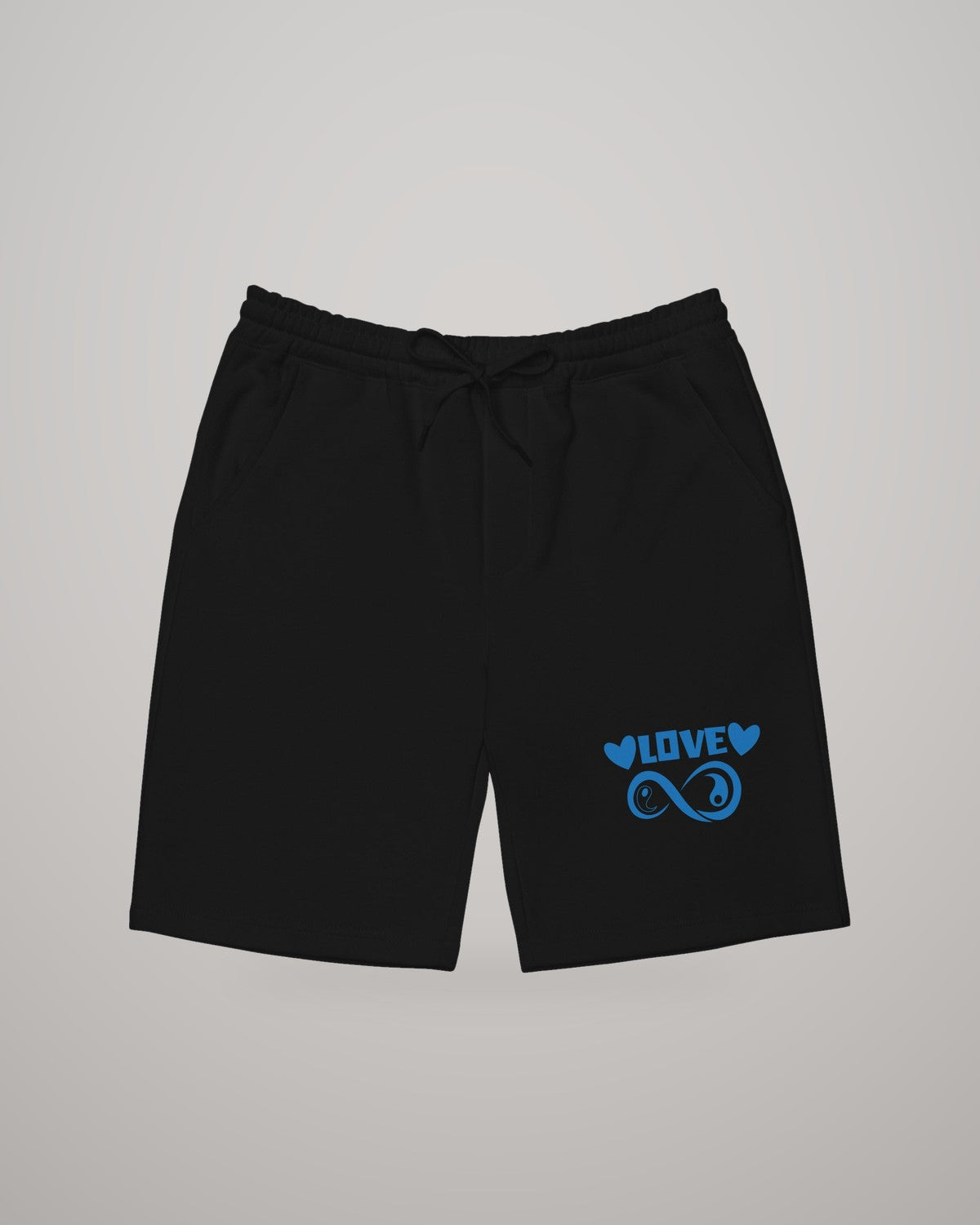 Infinite Love men's fleece shorts in black, blue print on the leg, front view