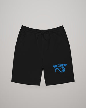 Infinite Love men's fleece shorts in black, blue print on the leg, front view