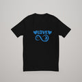 Infinite Love men's T-shirt, blue print on black, front view