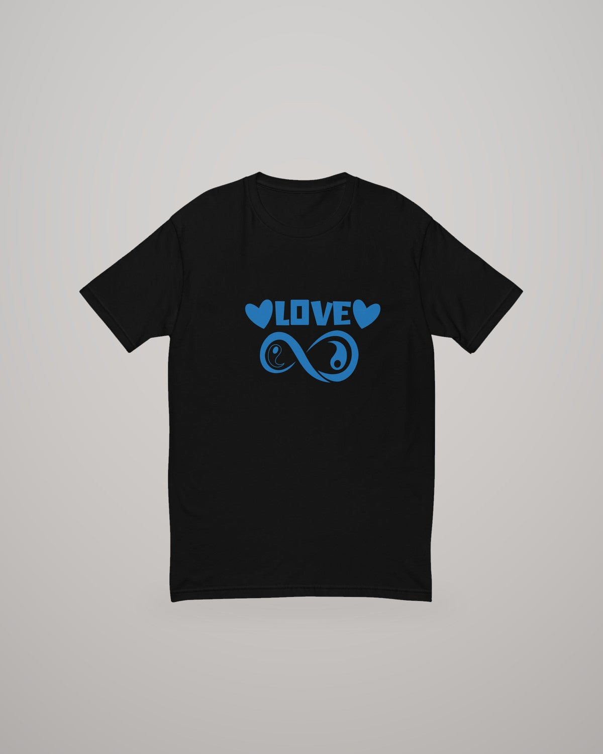 Infinite Love men's T-shirt, blue print on black, front view
