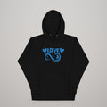Infinite Love hoodie, blue print on black, front view