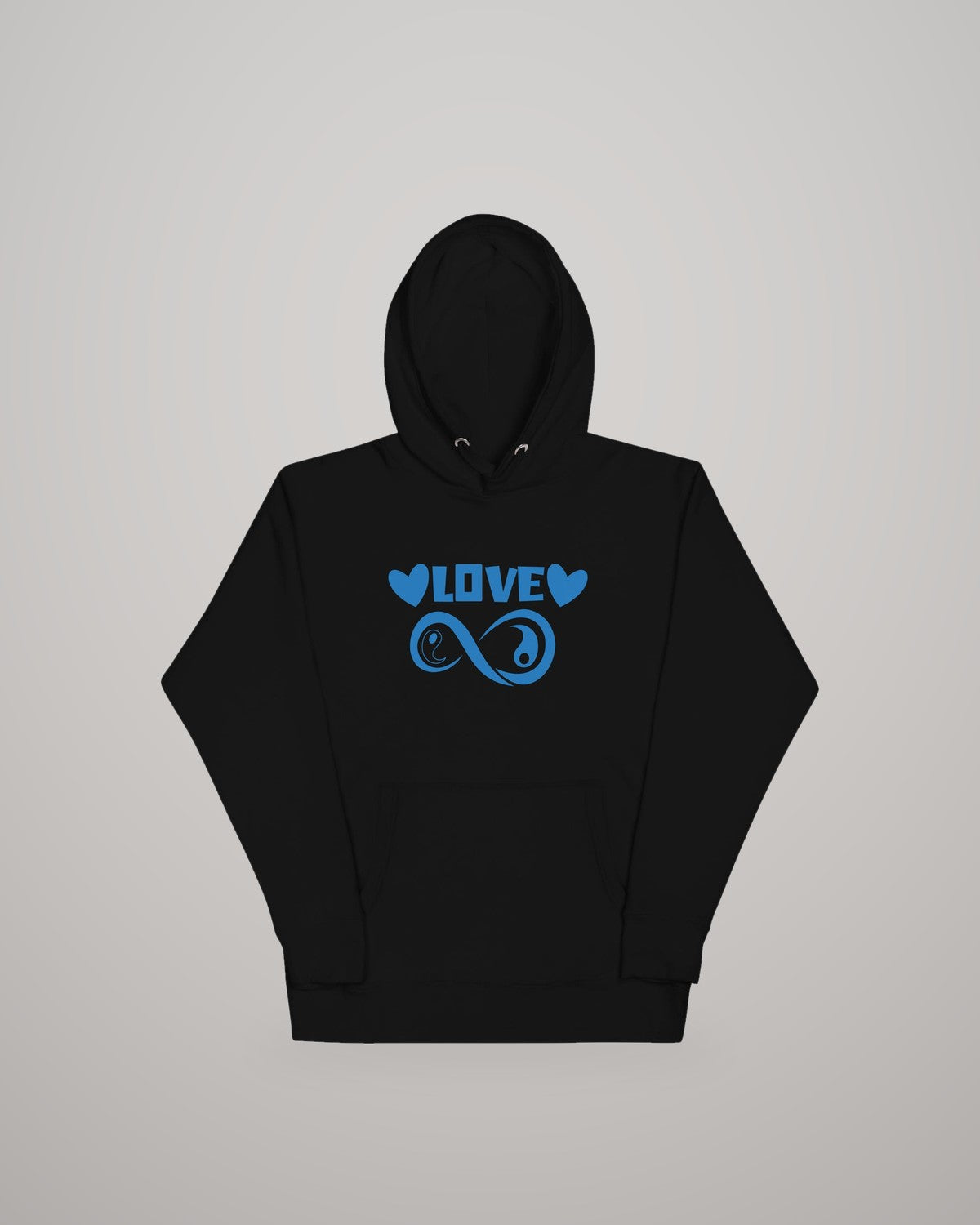 Infinite Love hoodie, blue print on black, front view