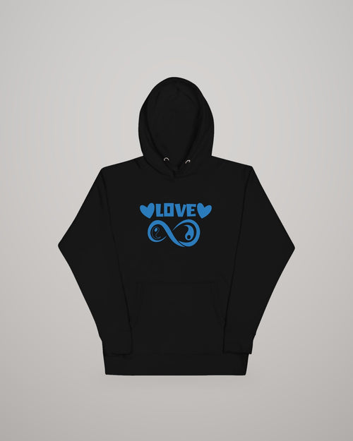 Infinite Love hoodie, blue print on black, front view