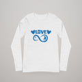 Infinite Love long sleeve tee, blue print on light heather grey, front view