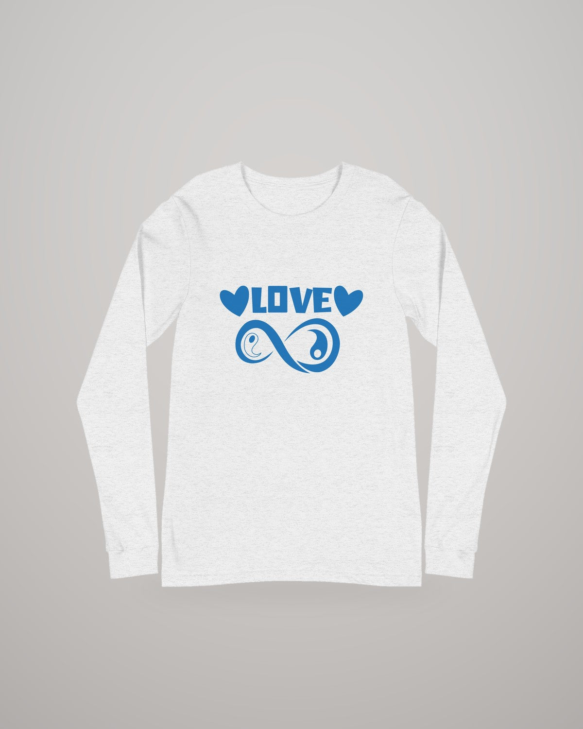 Infinite Love long sleeve tee, blue print on light heather grey, front view