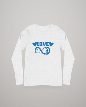 Infinite Love long sleeve tee, blue print on light heather grey, front view