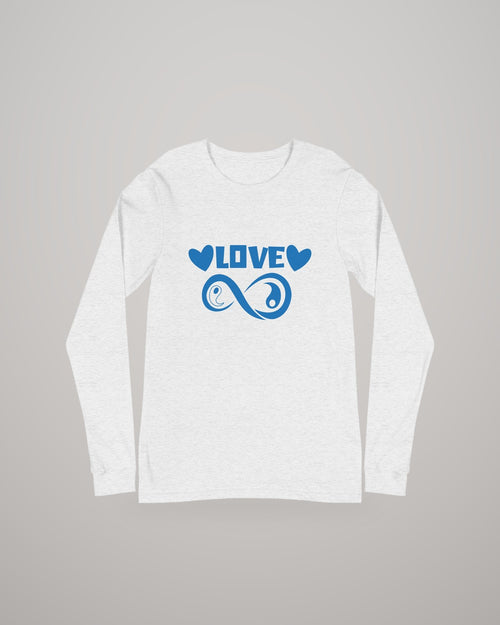 Infinite Love long sleeve tee, blue print on light heather grey, front view