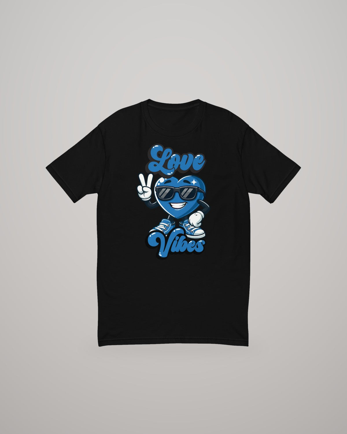 Love Vibes T-shirt, blue print on black, front view