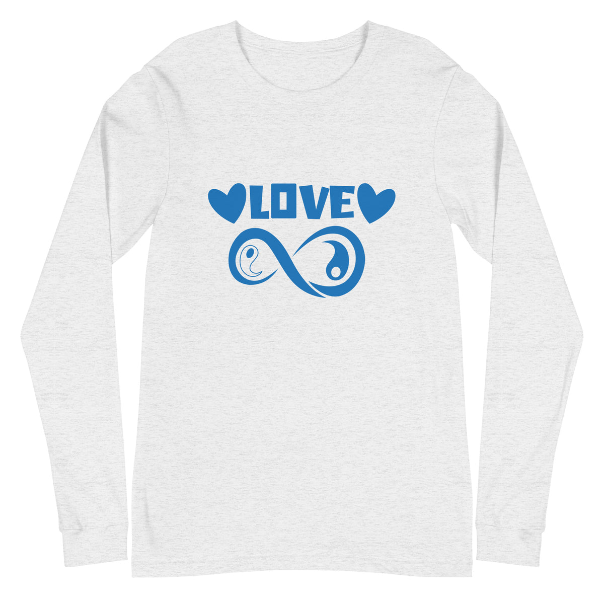 Infinite Love design on an ash unisex long sleeve tee, front view