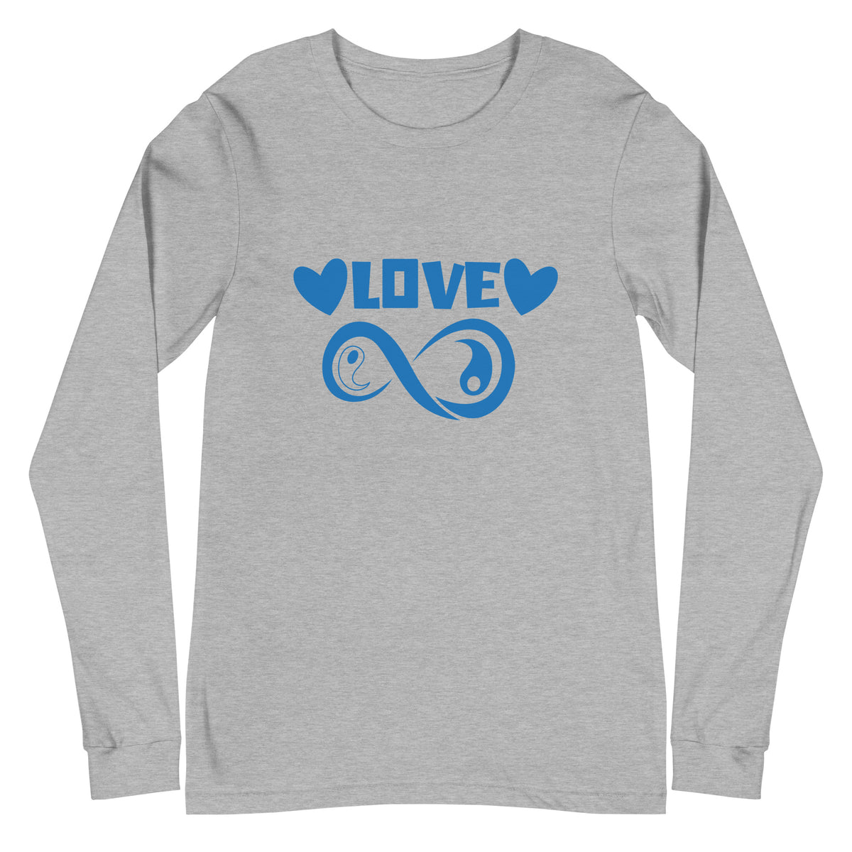 Infinite Love design on an athletic heather unisex long sleeve tee, front view