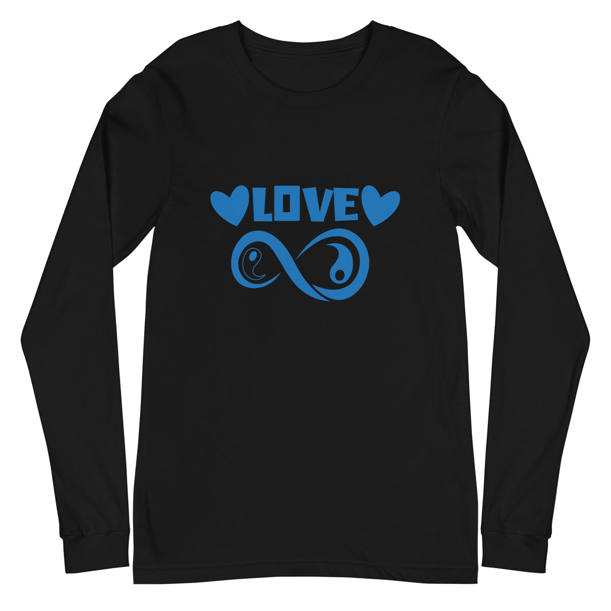 Infinite Love design on a black unisex long sleeve tee, front view