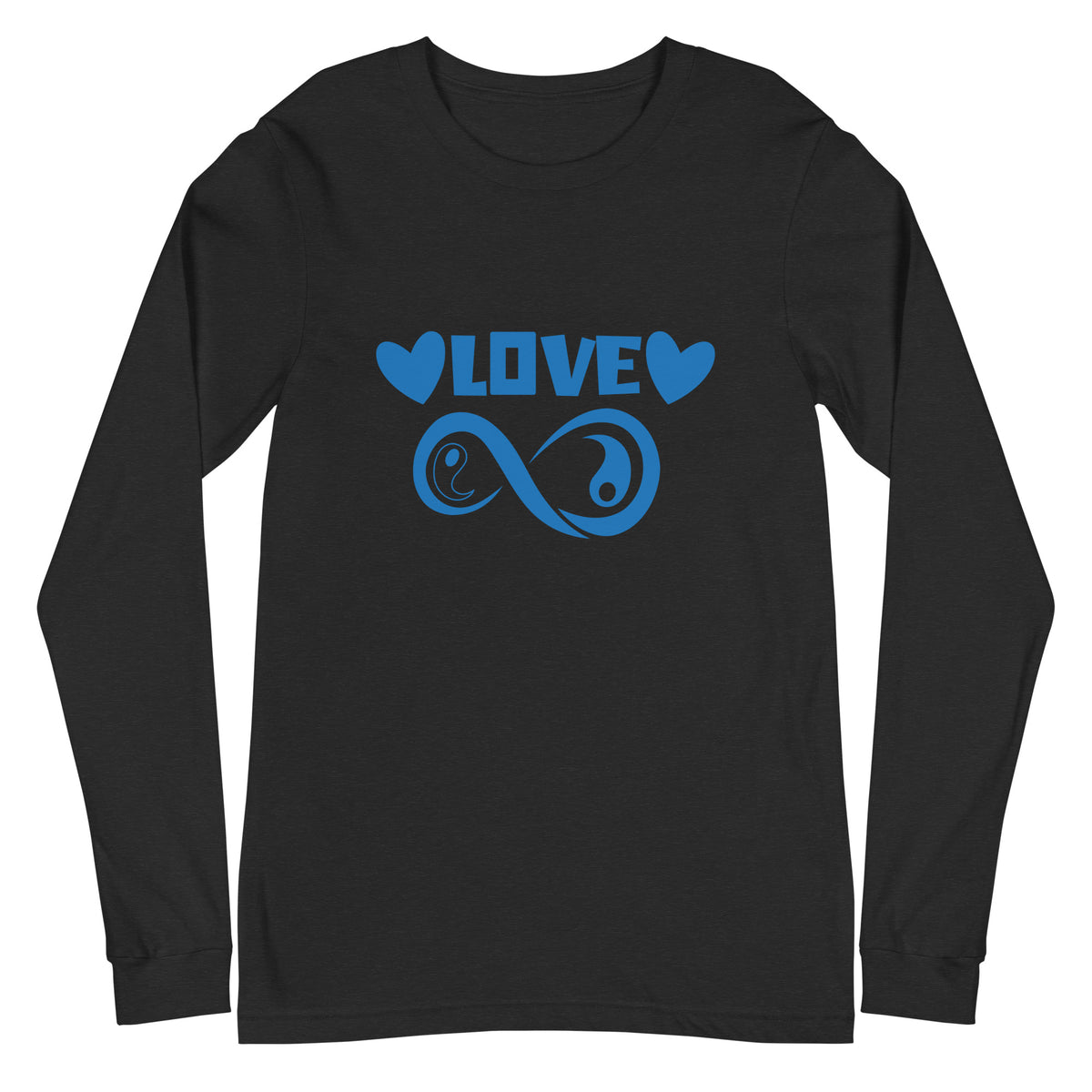 Infinite Love design on a black heather unisex long sleeve tee, front view