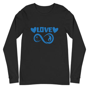 Infinite Love design on a black heather unisex long sleeve tee, front view