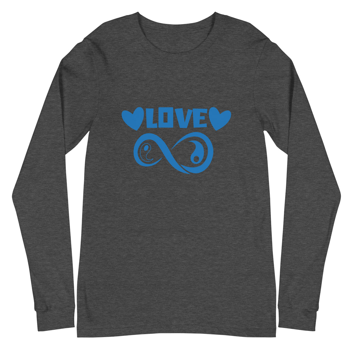Infinite Love design on a dark grey heather unisex long sleeve tee, front view