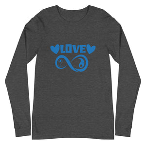 Infinite Love design on a dark grey heather unisex long sleeve tee, front view
