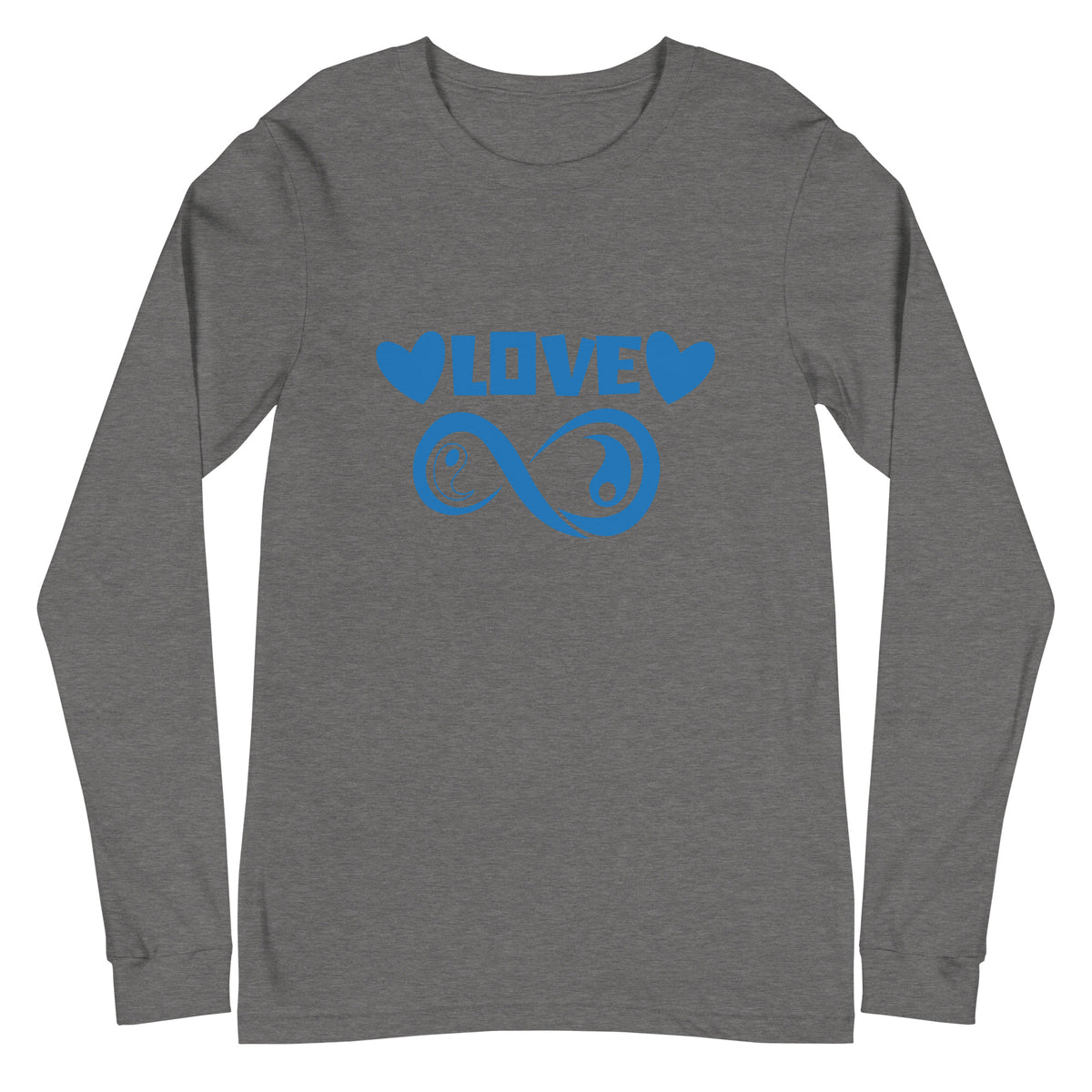 Infinite Love design on a deep heather unisex long sleeve tee, front view