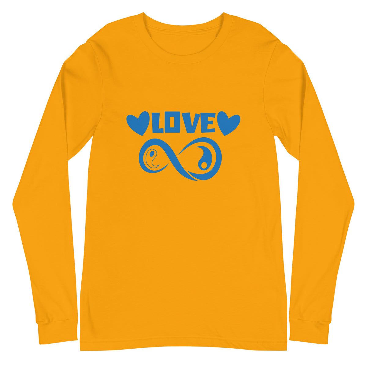 Infinite Love design on a gold unisex long sleeve tee, front view
