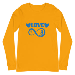 Infinite Love design on a gold unisex long sleeve tee, front view