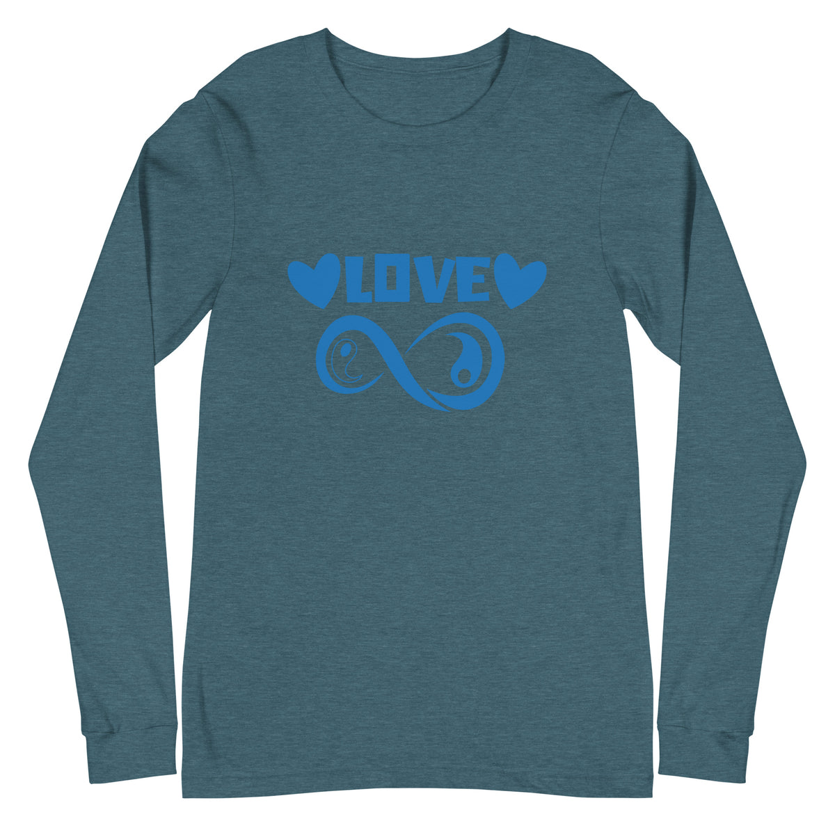 Infinite Love design on a heather deep teal unisex long sleeve tee, front view
