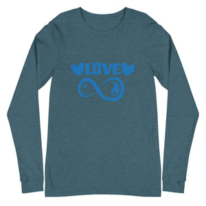 Infinite Love design on a heather deep teal unisex long sleeve tee, front view