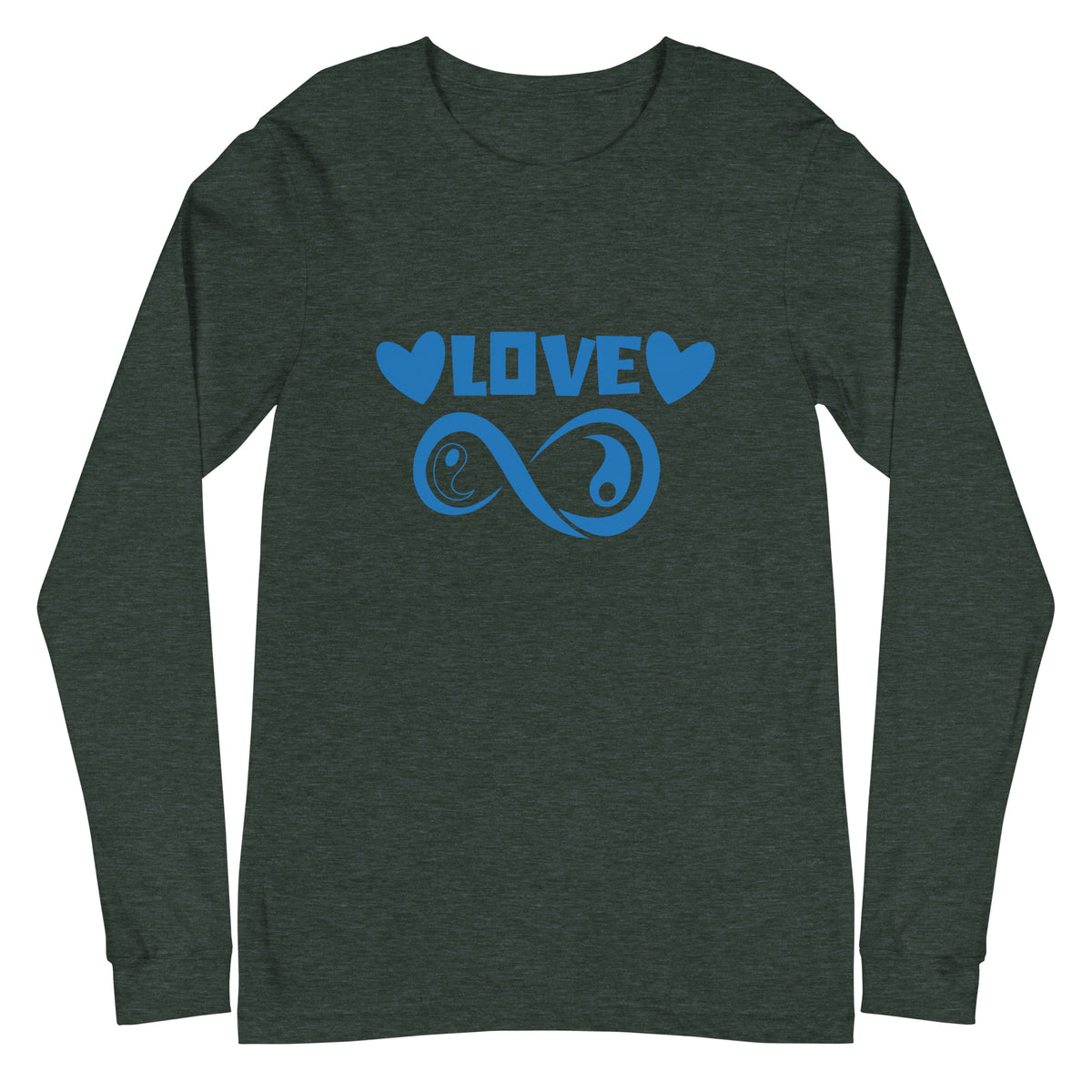 Infinite Love design on a heather forest unisex long sleeve tee, front view
