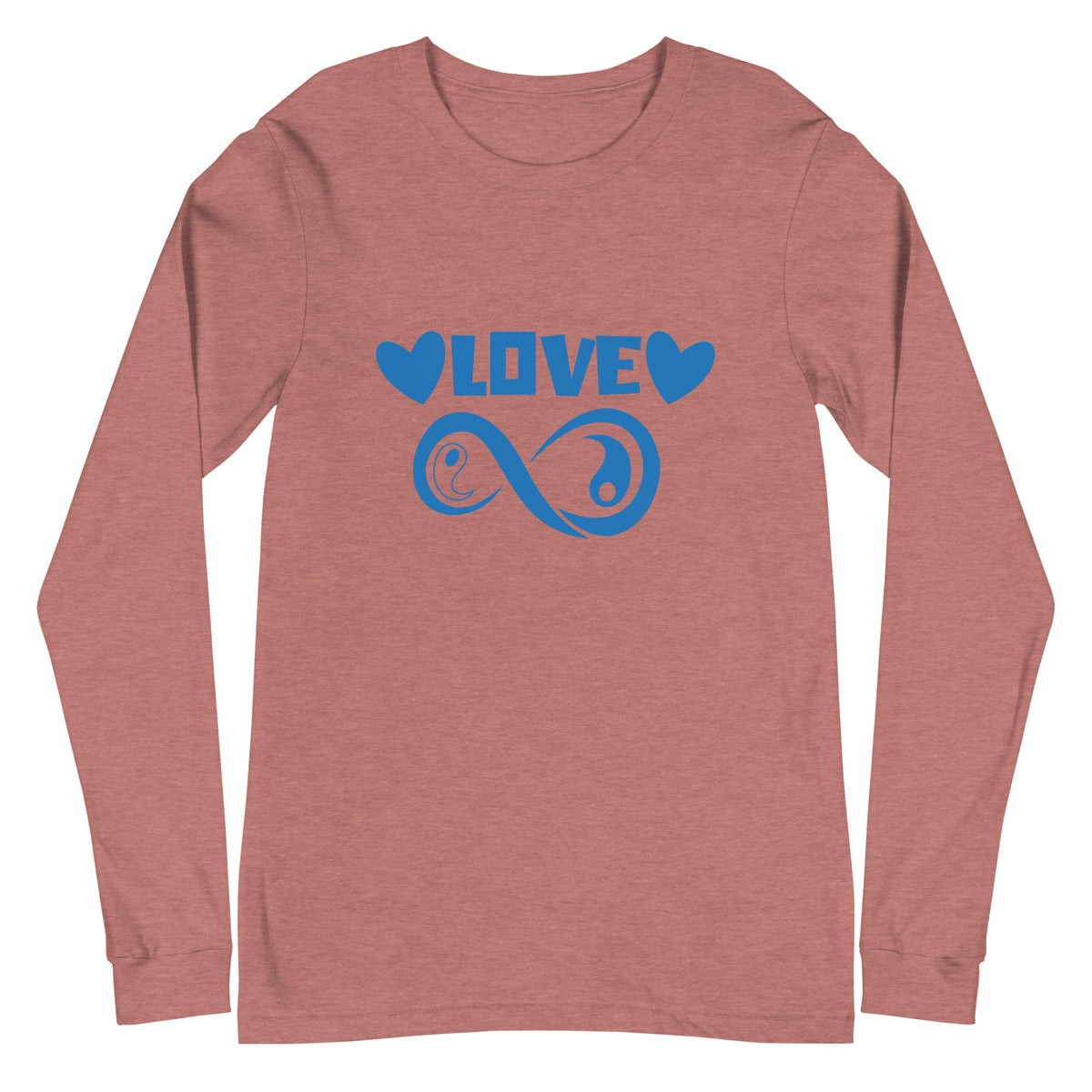 Infinite Love design on a heather mauve unisex long sleeve tee, front view
