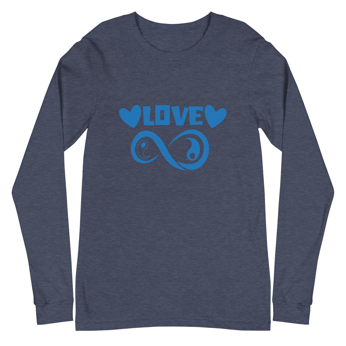 Infinite Love design on a heather navy unisex long sleeve tee, front view
