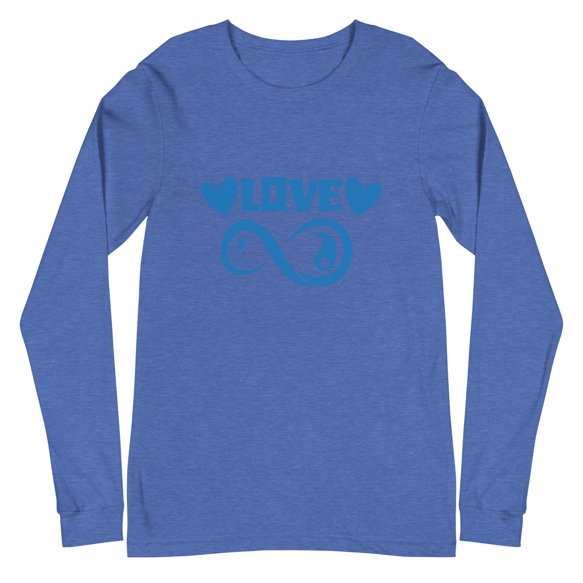 Infinite Love design on a heather true royal unisex long sleeve tee, front view