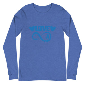 Infinite Love design on a heather true royal unisex long sleeve tee, front view